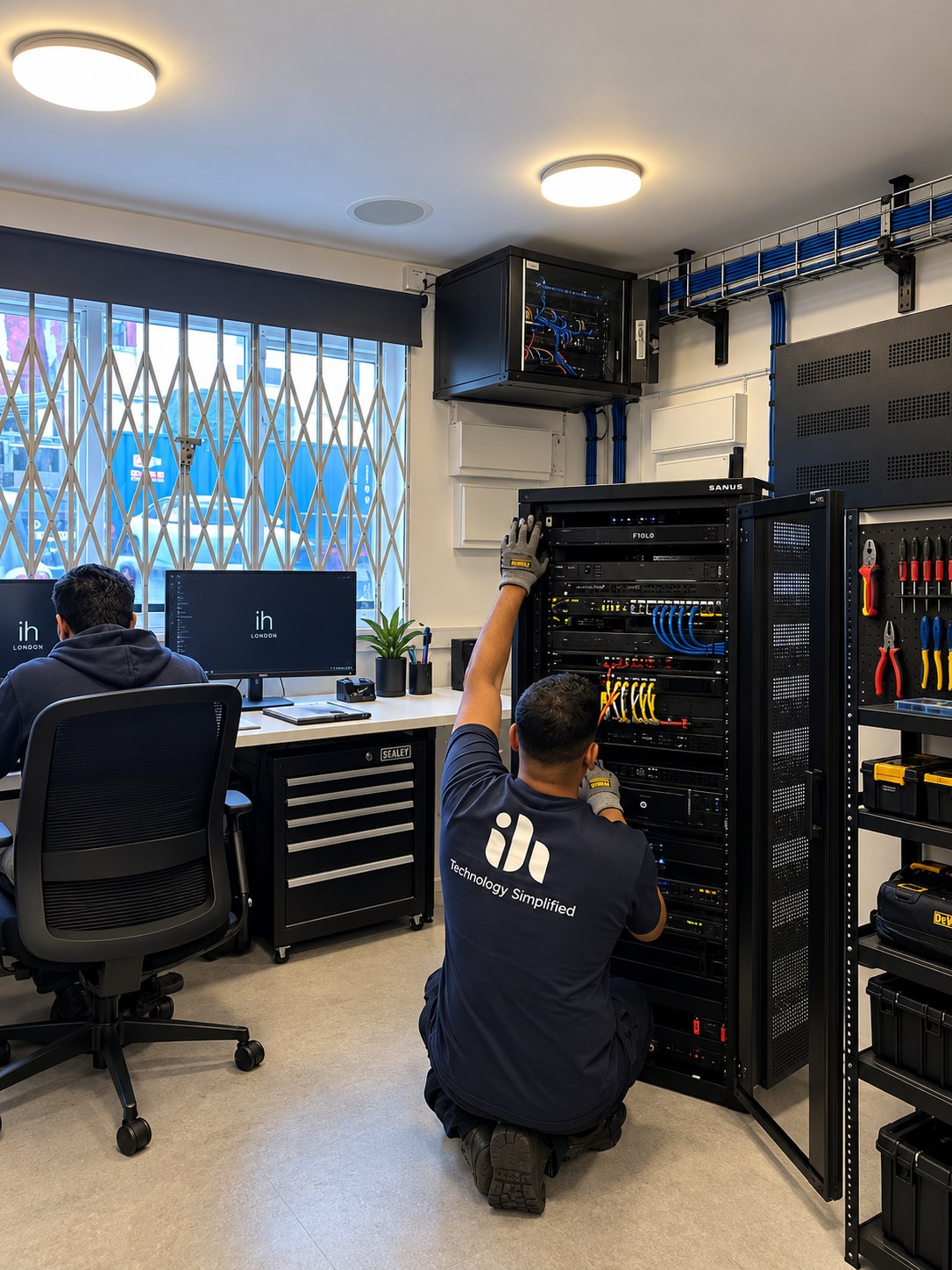 An ih engineer working on a technology rack